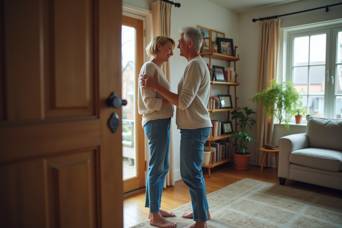 Femme vérifiant la serrure dans son salon cosy