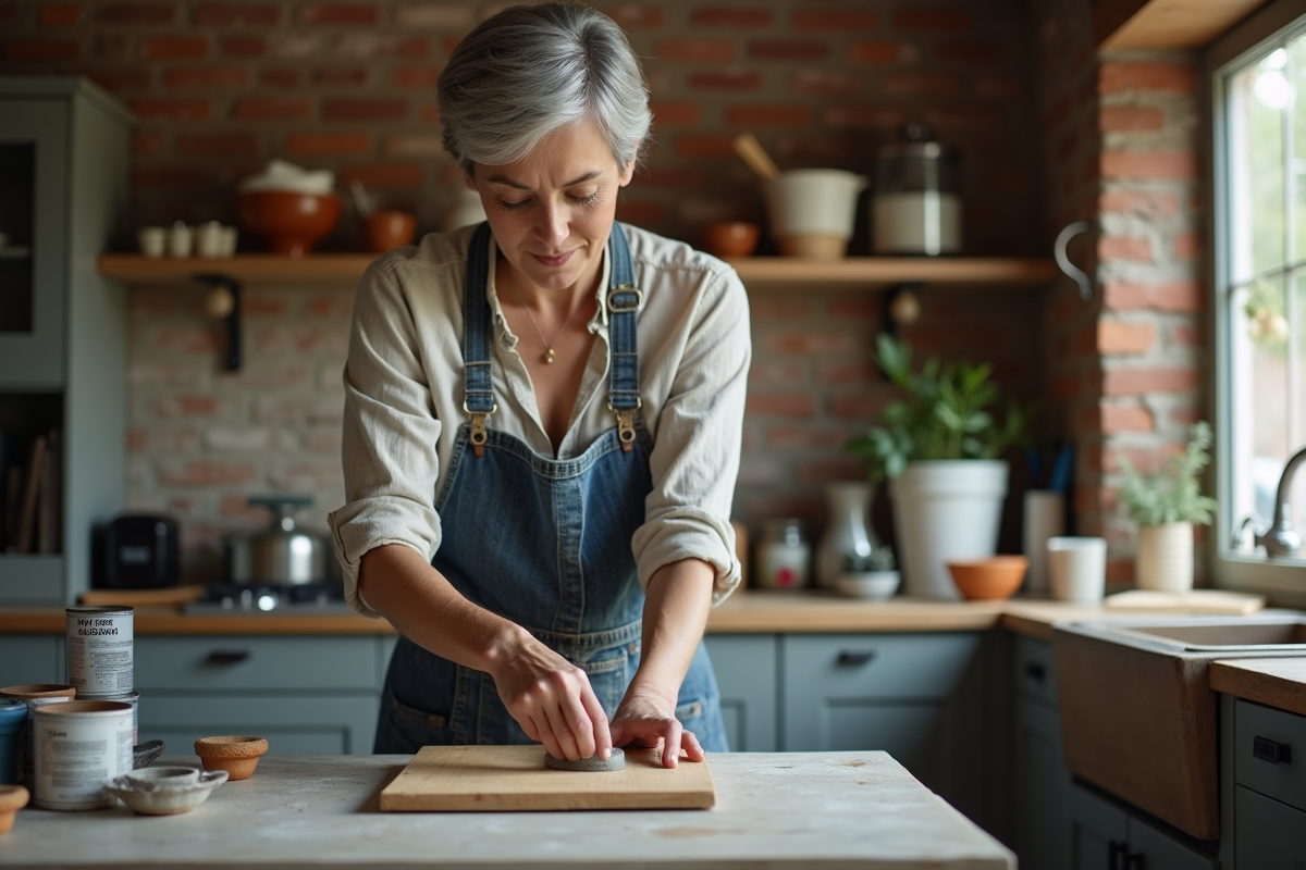 Femme de 50 ans ponçant une porte en bois vintage dans une cuisine chaleureuse