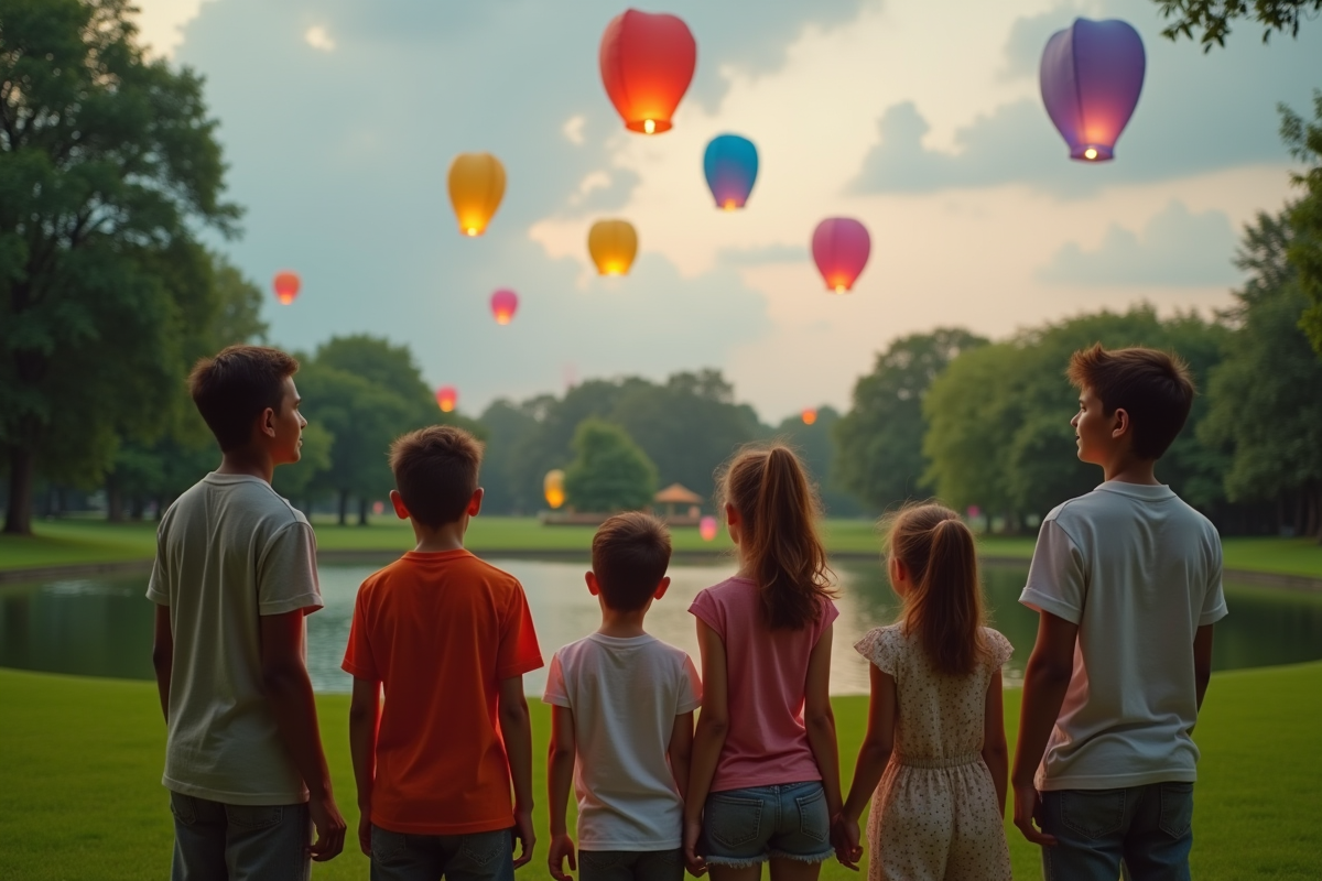 Groupe d'enfants et adultes regardant des lanternes flottantes dans un parc