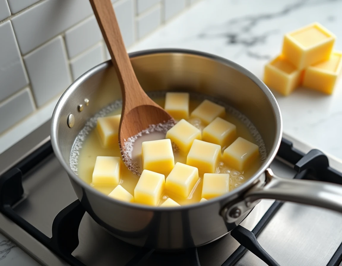 Savon glycériné en train de fondre dans une casserole en inox sur une gazinière avec des moules en silicone