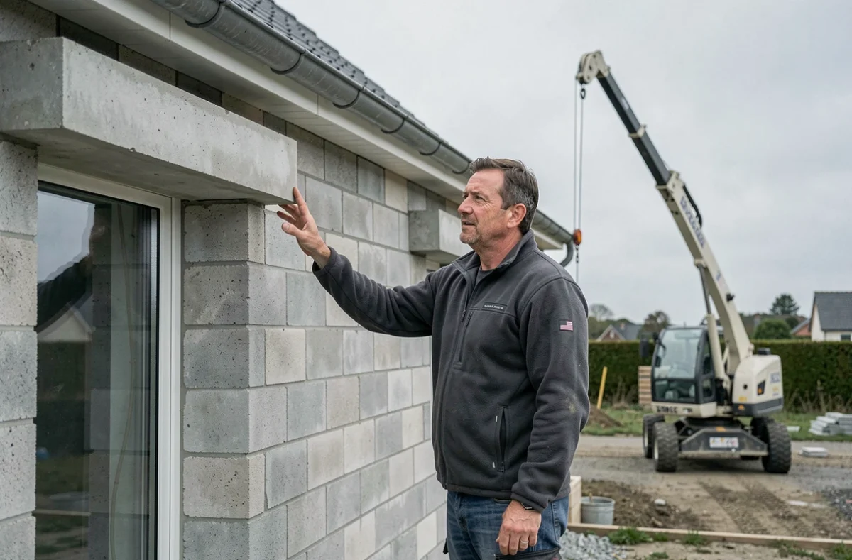 Maçon FZA Construction supervisant la pose d'un linteau préfabriqué sur une maison neuve en Ille-et-Vilaine