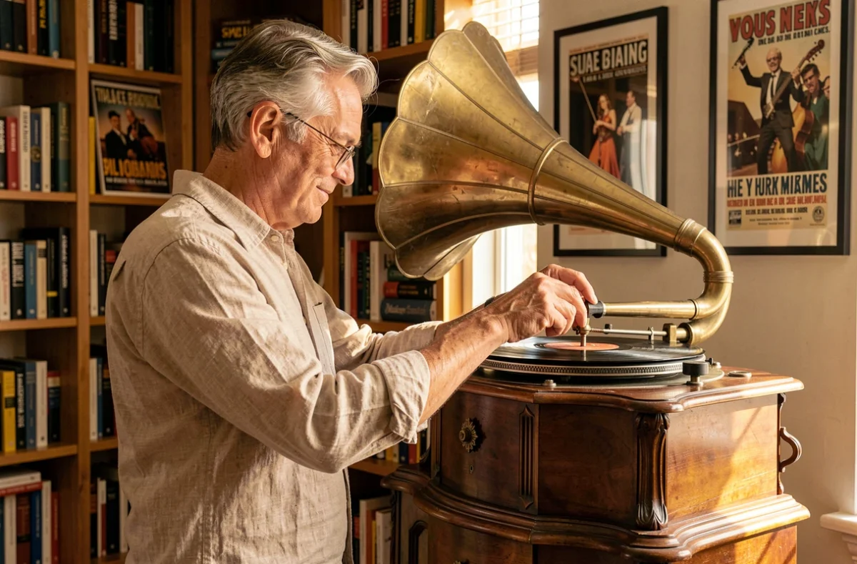 Homme remontant le mécanisme d'un gramophone ancien de collection dans un bureau vintage rempli de livres