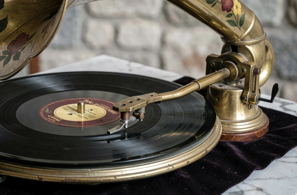Détail de bras tonique et pavillon en laiton d'un gramophone ancien en bon état de fonctionnement
