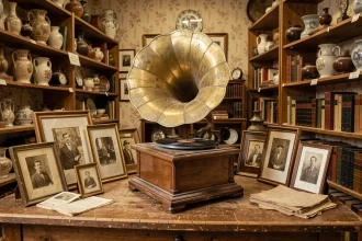 Gramophone ancien en parfait état de marche exposé dans une boutique d'antiquités avec objets de collection vintage