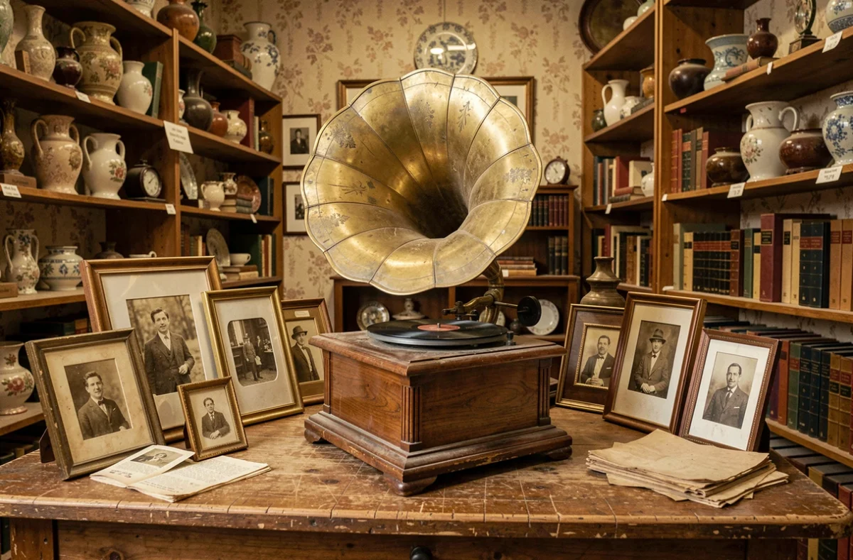 Gramophone ancien en parfait état de marche exposé dans une boutique d'antiquités avec objets de collection vintage
