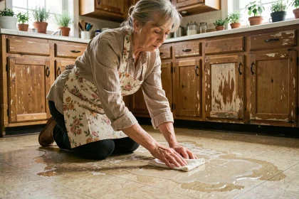 Grand-mère qui nettoie un sol en lino collant avec du vinaigre blanc dans une cuisine vintage
