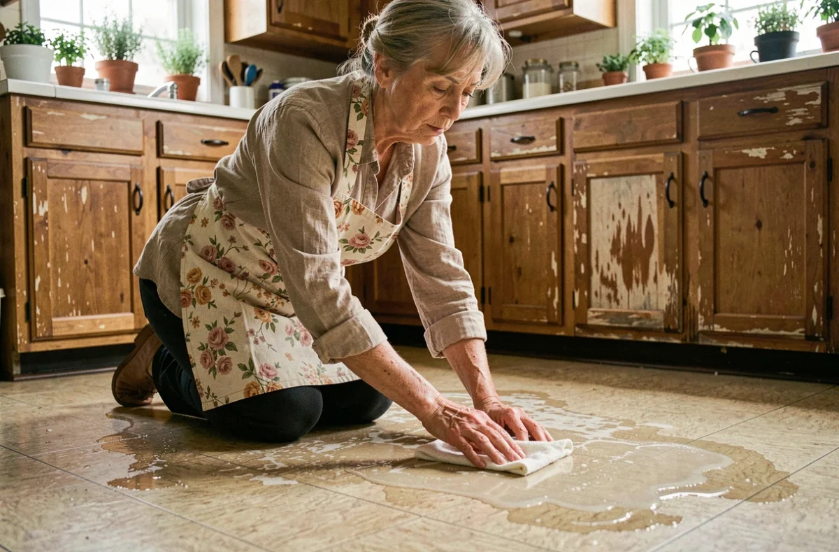 Grand-mère qui nettoie un sol en lino collant avec du vinaigre blanc dans une cuisine vintage
