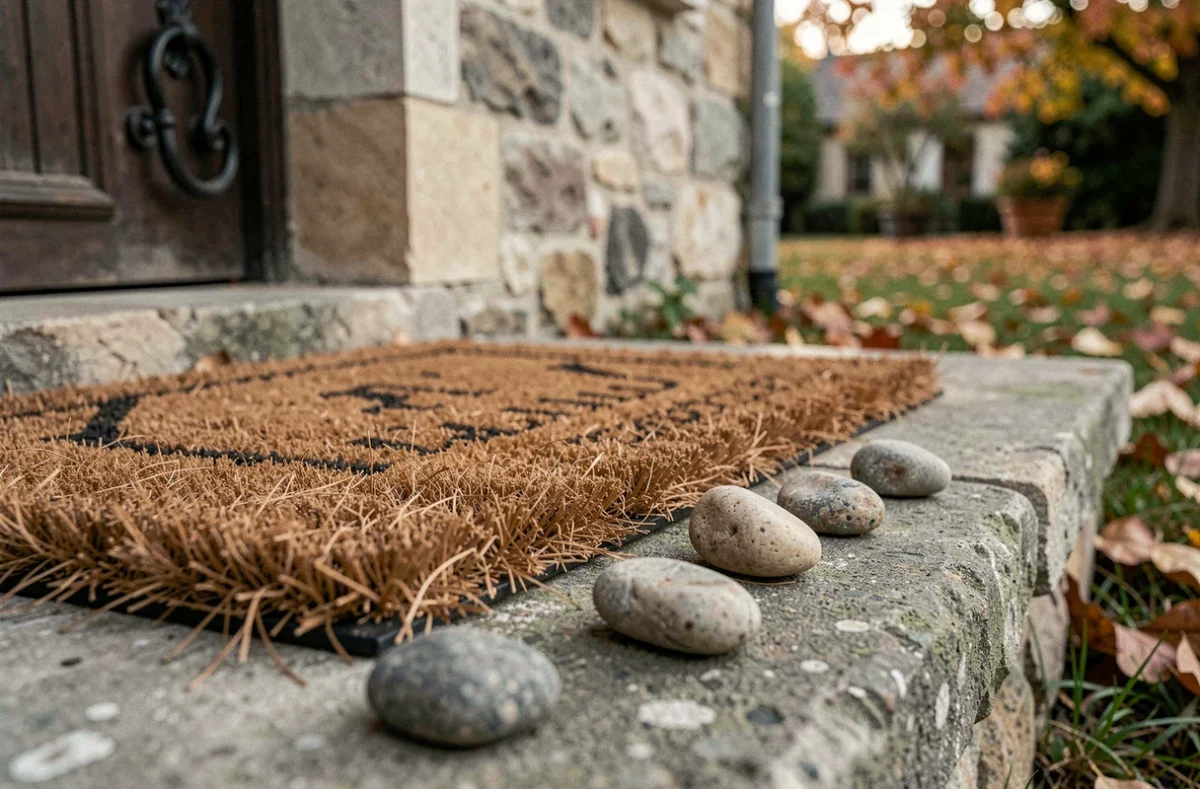 Gros plan de cailloux disposés près d'un paillasson en fibres de coco à l'entrée d'une maison en pierre, signe potentiel de repérage avant cambriolage