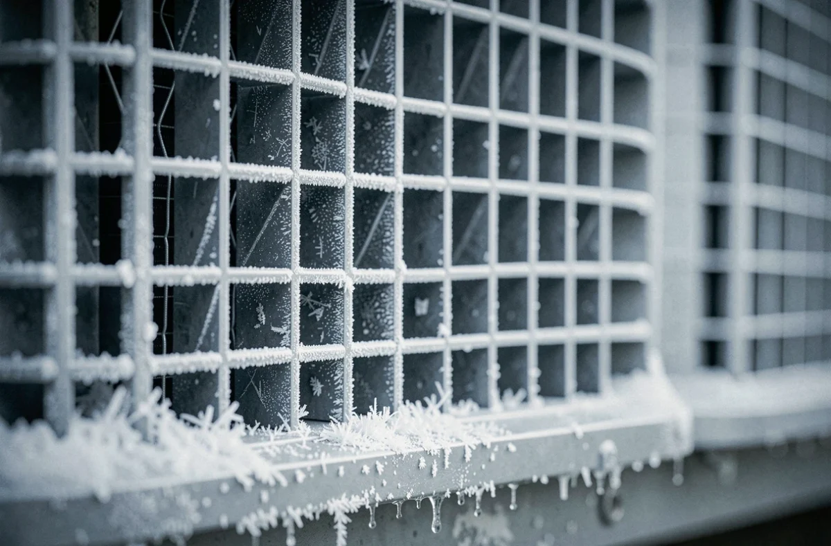Gros plan sur les ailettes d'une pompe à chaleur recouvertes de givre et cristaux de glace