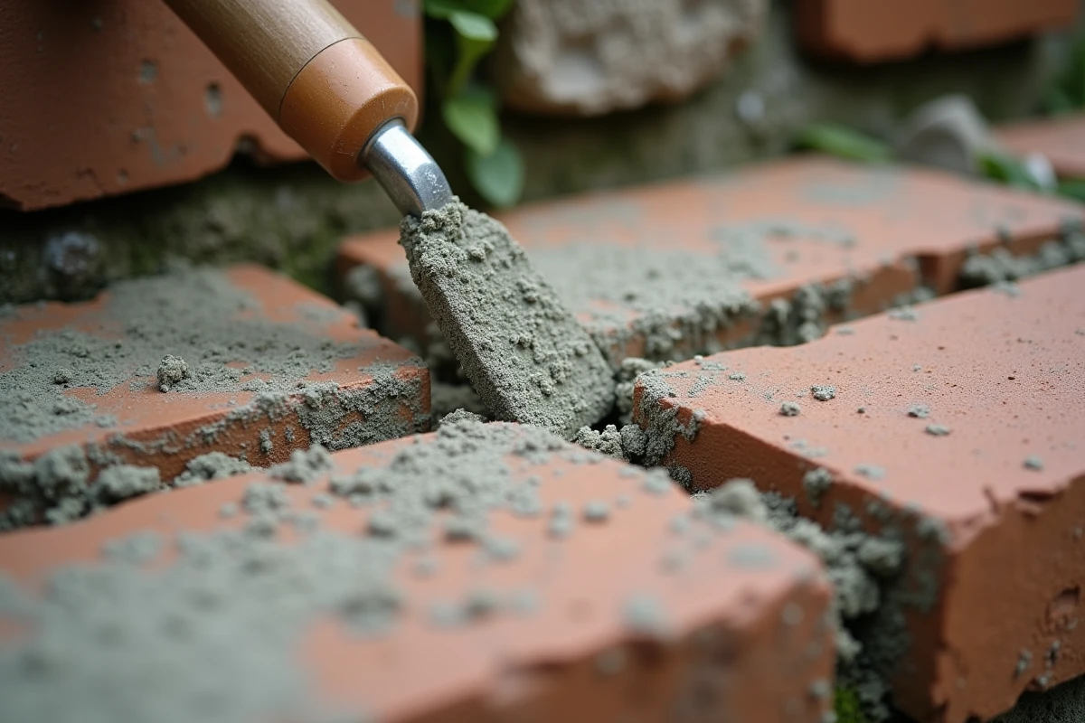 Gros plan sur un joint de mortier universel frais appliqué entre des briques anciennes avec une truelle
