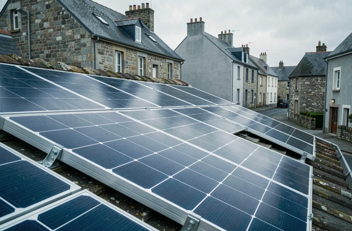 Gros plan sur des panneaux photovoltaïques installés sur un toit de maison à Brest