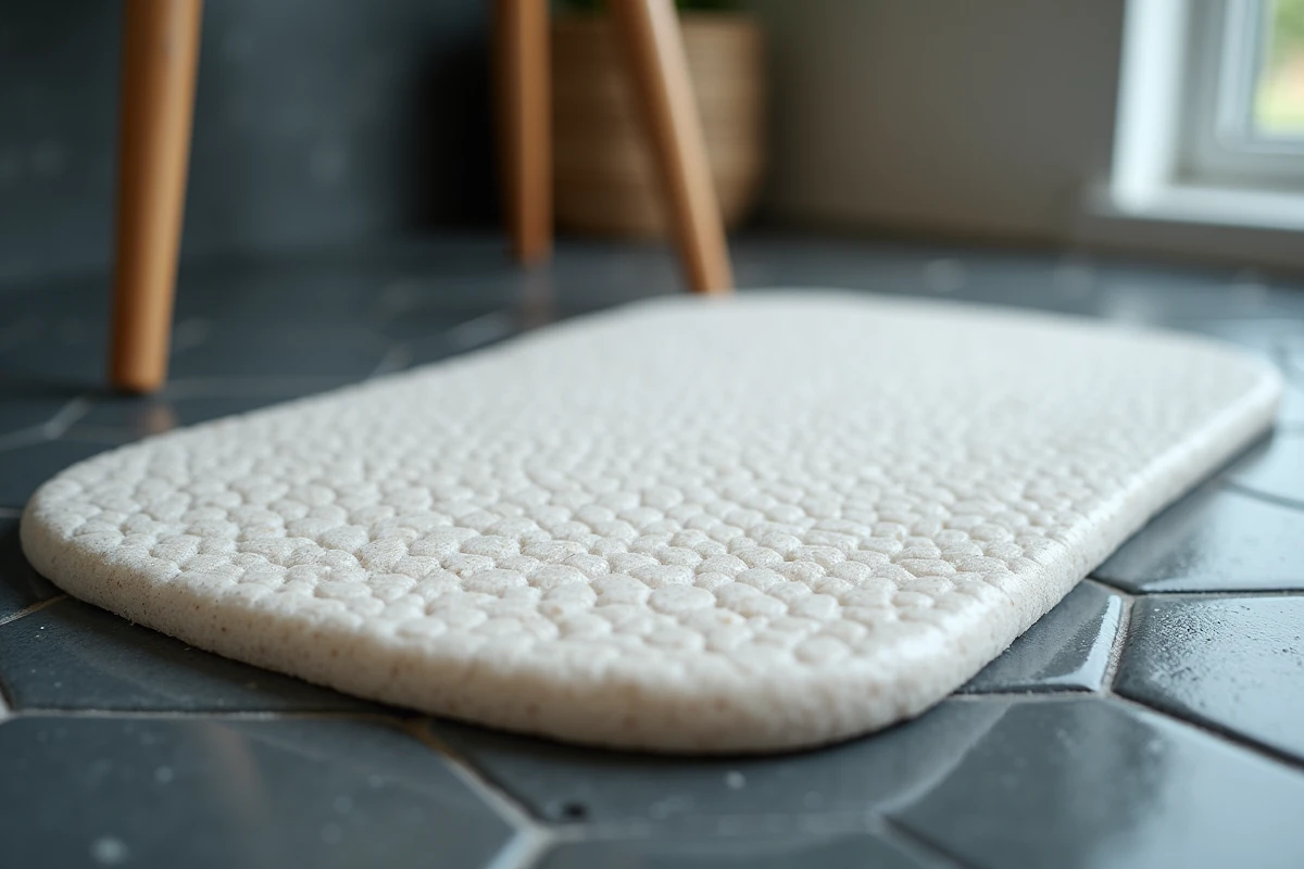 Gros plan sur la texture poreuse d'un tapis diatomite usagé avec gouttelettes d'eau sur carrelage ardoise