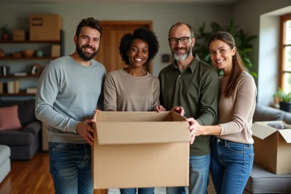 Groupe de bénévoles triant des dons dans un salon chaleureux
