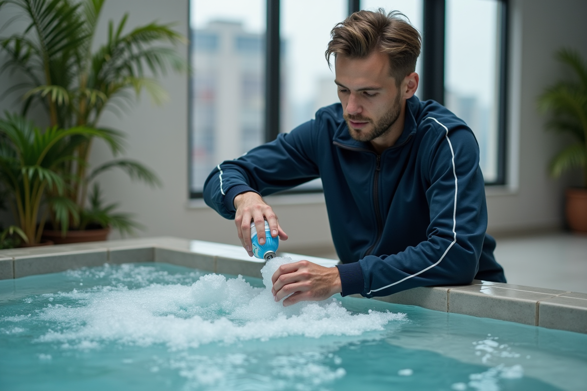 Jeune homme versant produits dans spa int&eacute;rieur