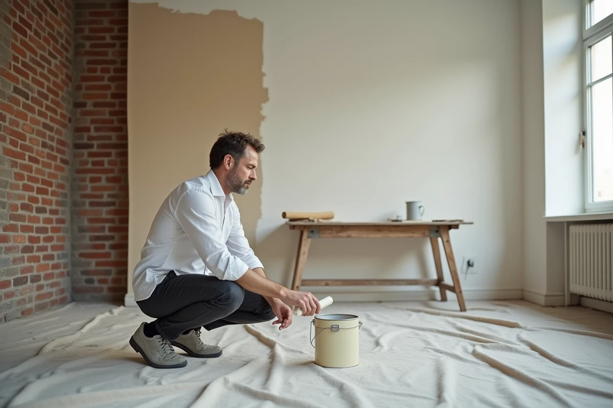 Homme réalisant des travaux d'aménagement intérieur dans un salon en rénovation
