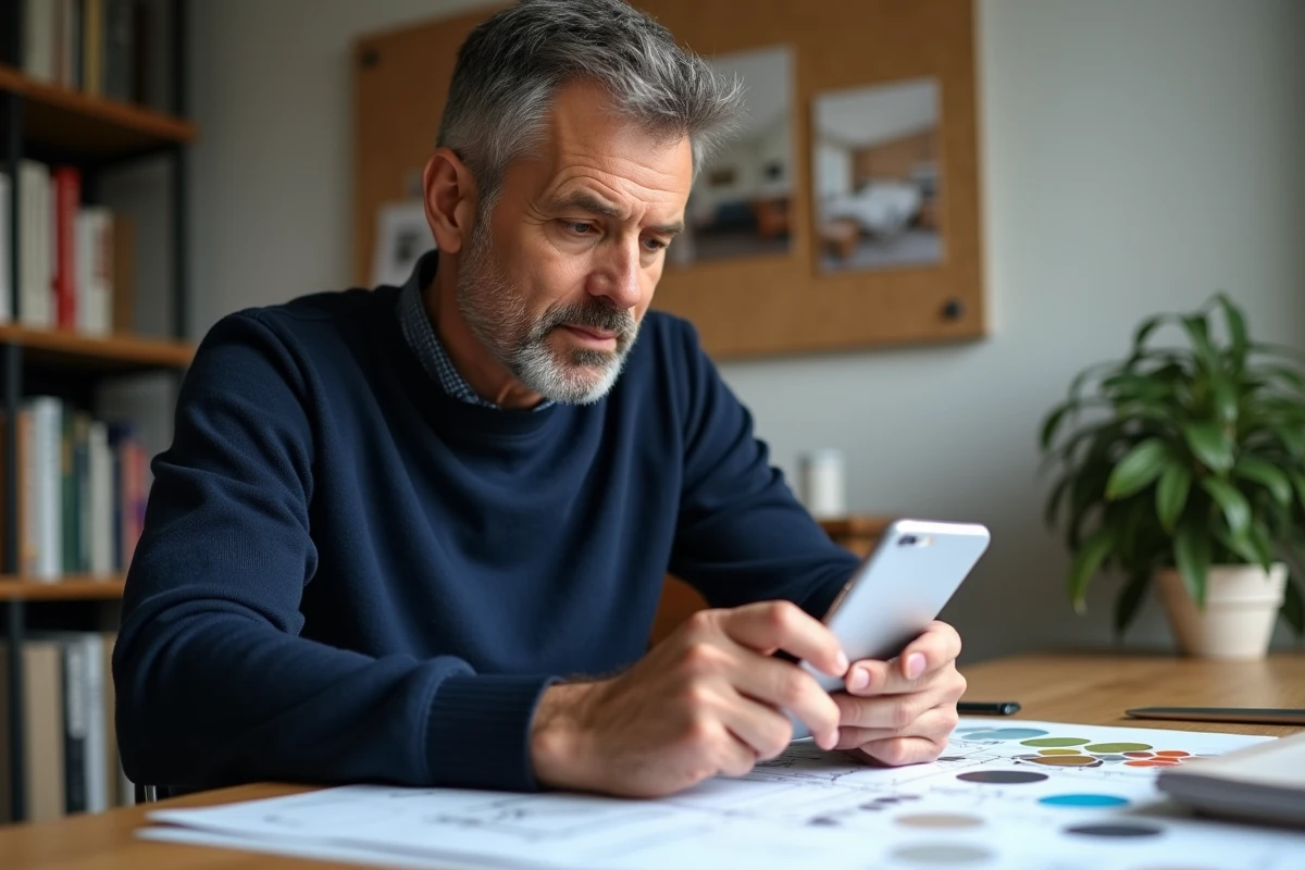 Homme consultant une application de décoration 3D sur smartphone avec échantillons de matériaux et plans d'aménagement intérieur