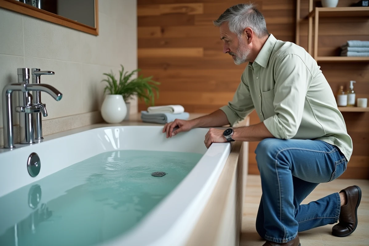 Homme v&eacute;rifiant le panneau de contr&ocirc;le de la baignoire