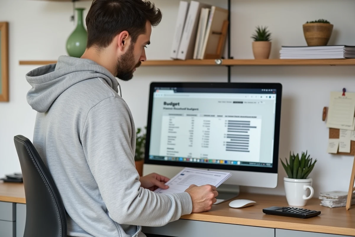 Homme organisant son budget maison devant un ordinateur dans un bureau à domicile minimaliste