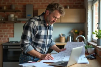Homme en vêtements décontractés examine plans de construction