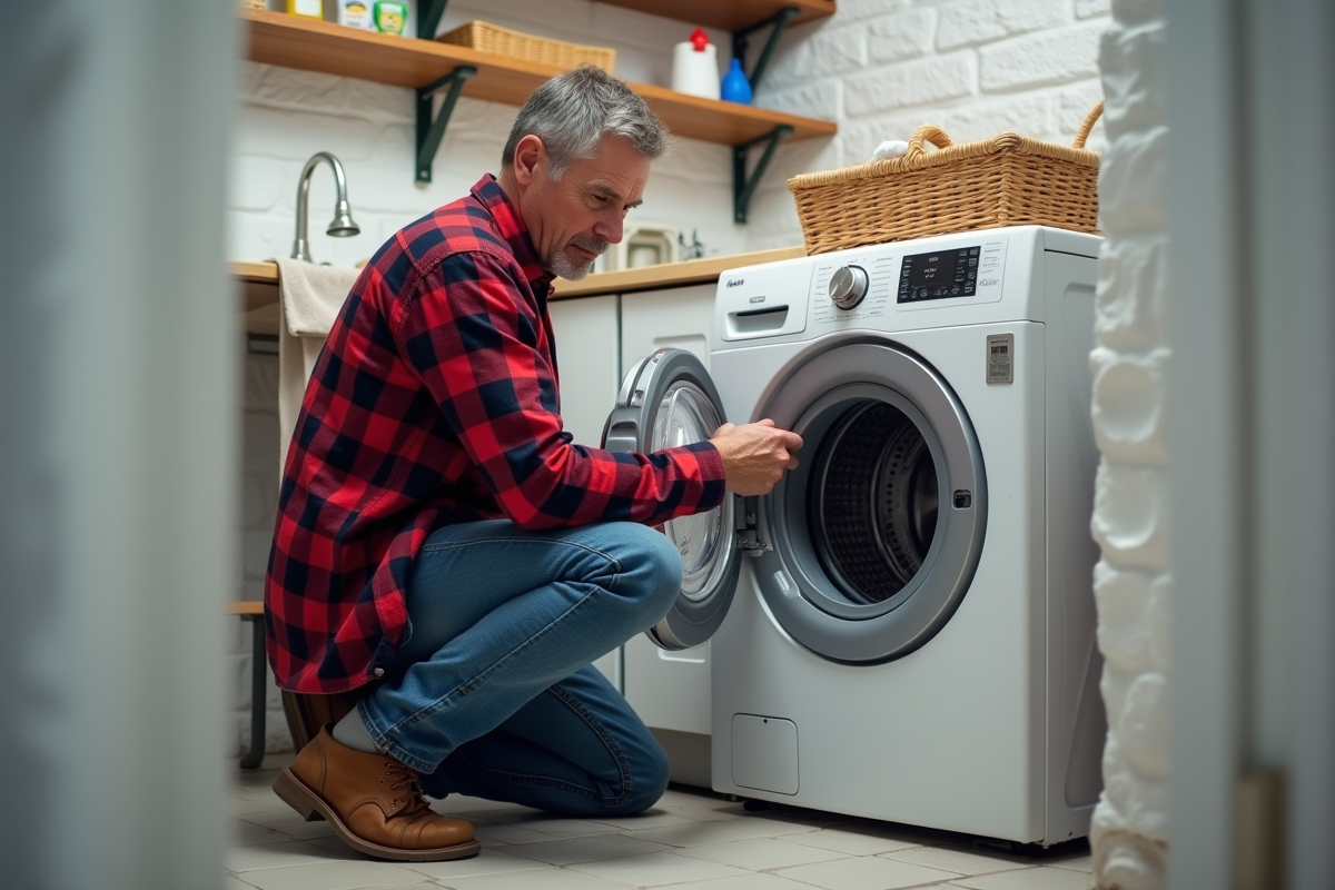 Homme d'âge moyen insérant les boulons de transport sur un lave-linge