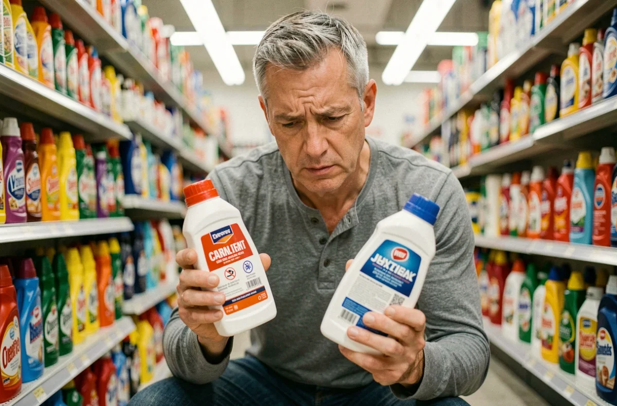 Homme comparant des produits ménagers dans un rayon de supermarché avant achat
