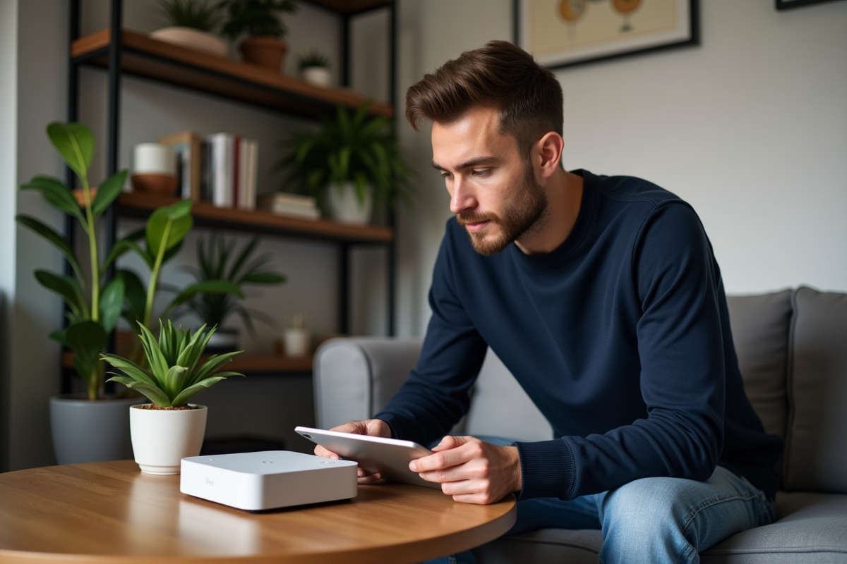 Homme en configuration d une box domotique dans un salon moderne