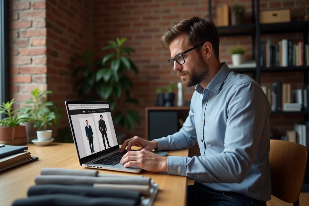Homme configurant un dressing en ligne sur mesure depuis son bureau à domicile avec des échantillons de tissu