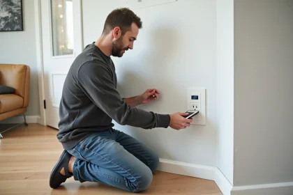 Homme connectant un smartphone &agrave; une prise domotique moderne