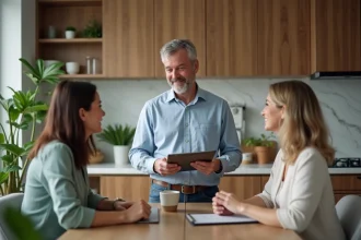 Homme en costume casual discutant avec un couple dans une cuisine moderne