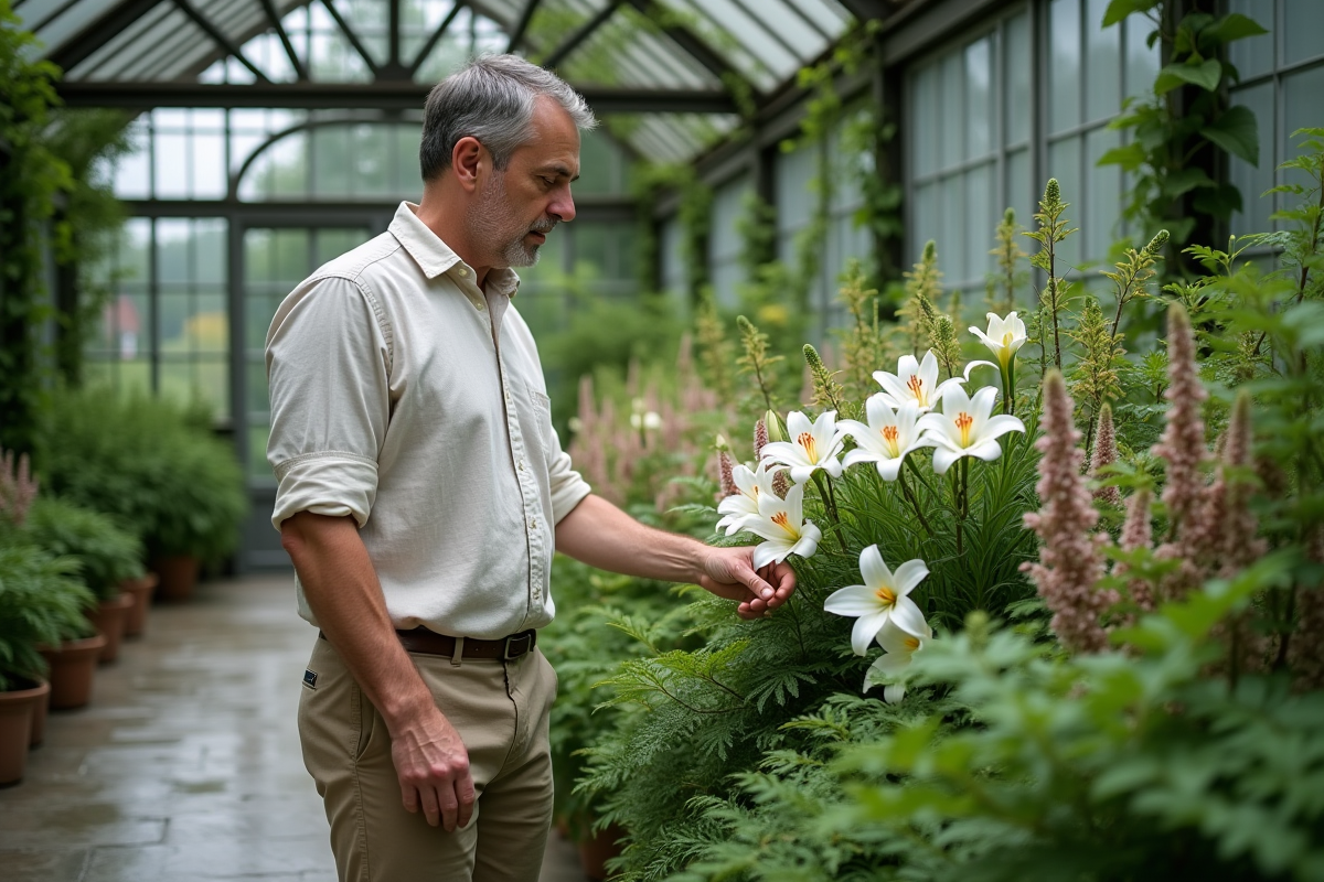 Homme examinant des fleurs dans un conservatoire int&eacute;rieur