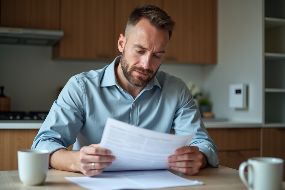 Homme d'âge moyen examinant un contrat de sécurité à la maison