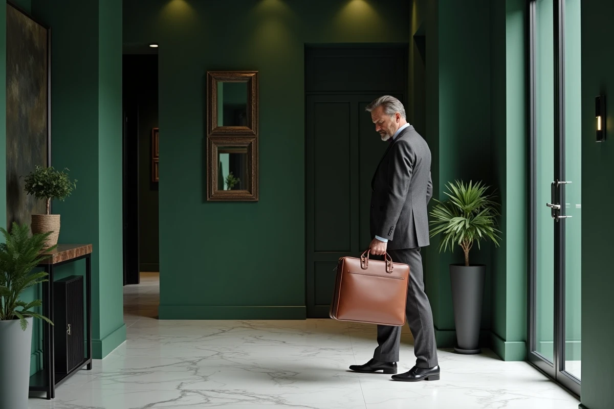 Homme en costume dans une entr&eacute;e avec murs verts fonces