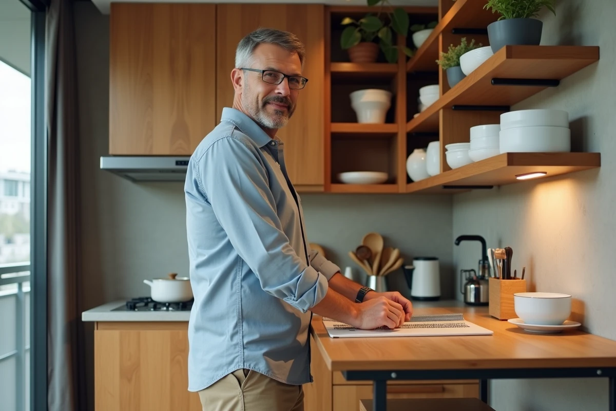 Homme organisant des bols dans une cuisine compacte et fonctionnelle