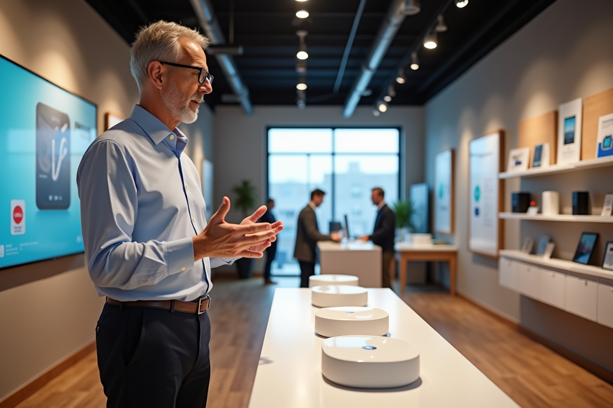 Homme en show-room smart home explique des appareils connectes