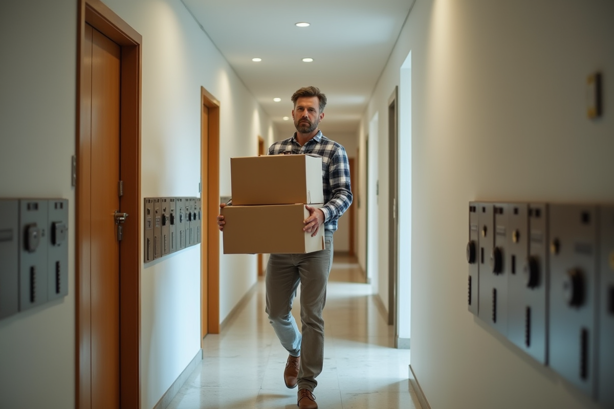 Homme portant des cartons dans un couloir d