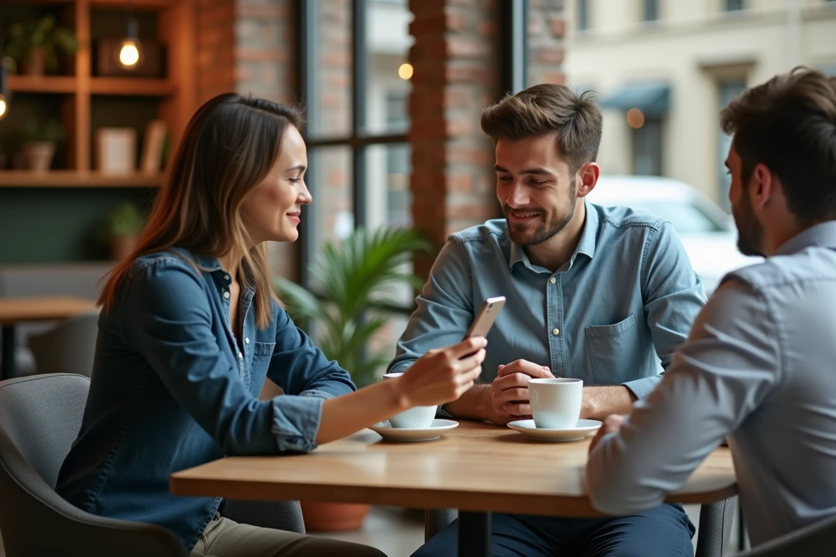 Homme discutant de produits Sklum avec un ami au caf&eacute;