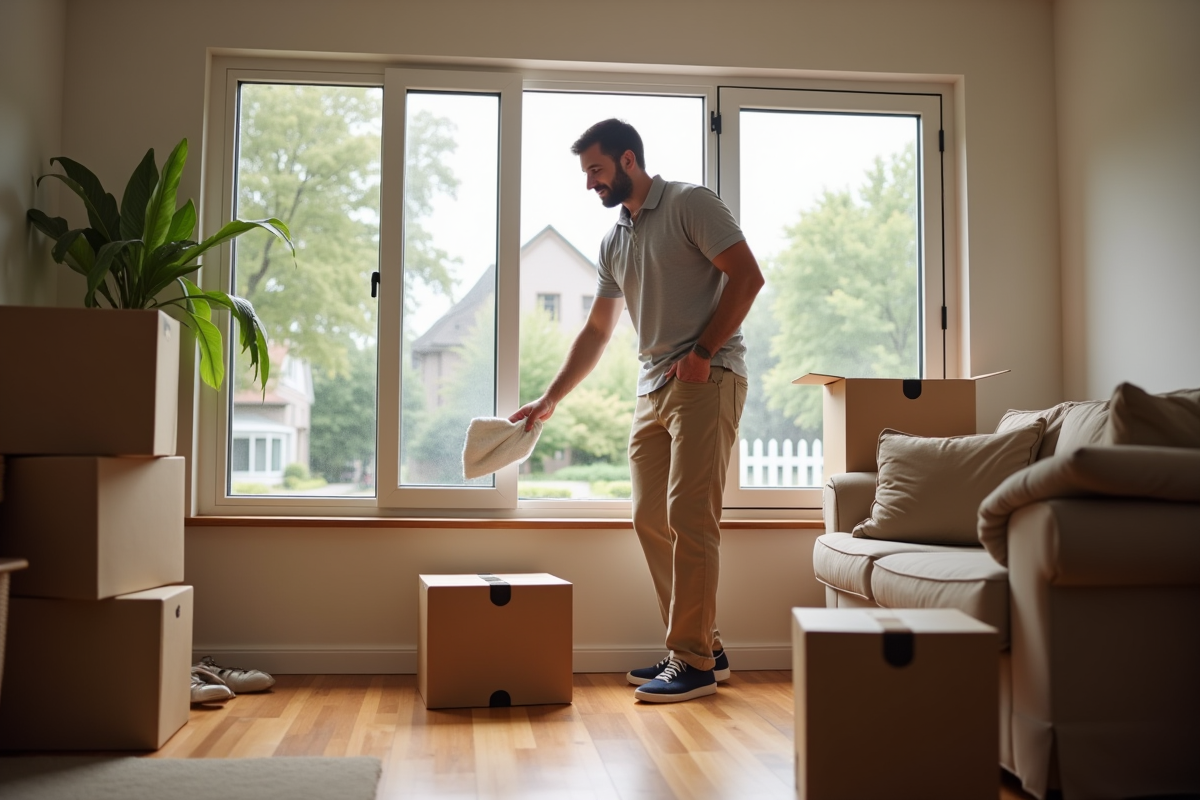 Homme assemblant des cartons dans un salon lumineux
