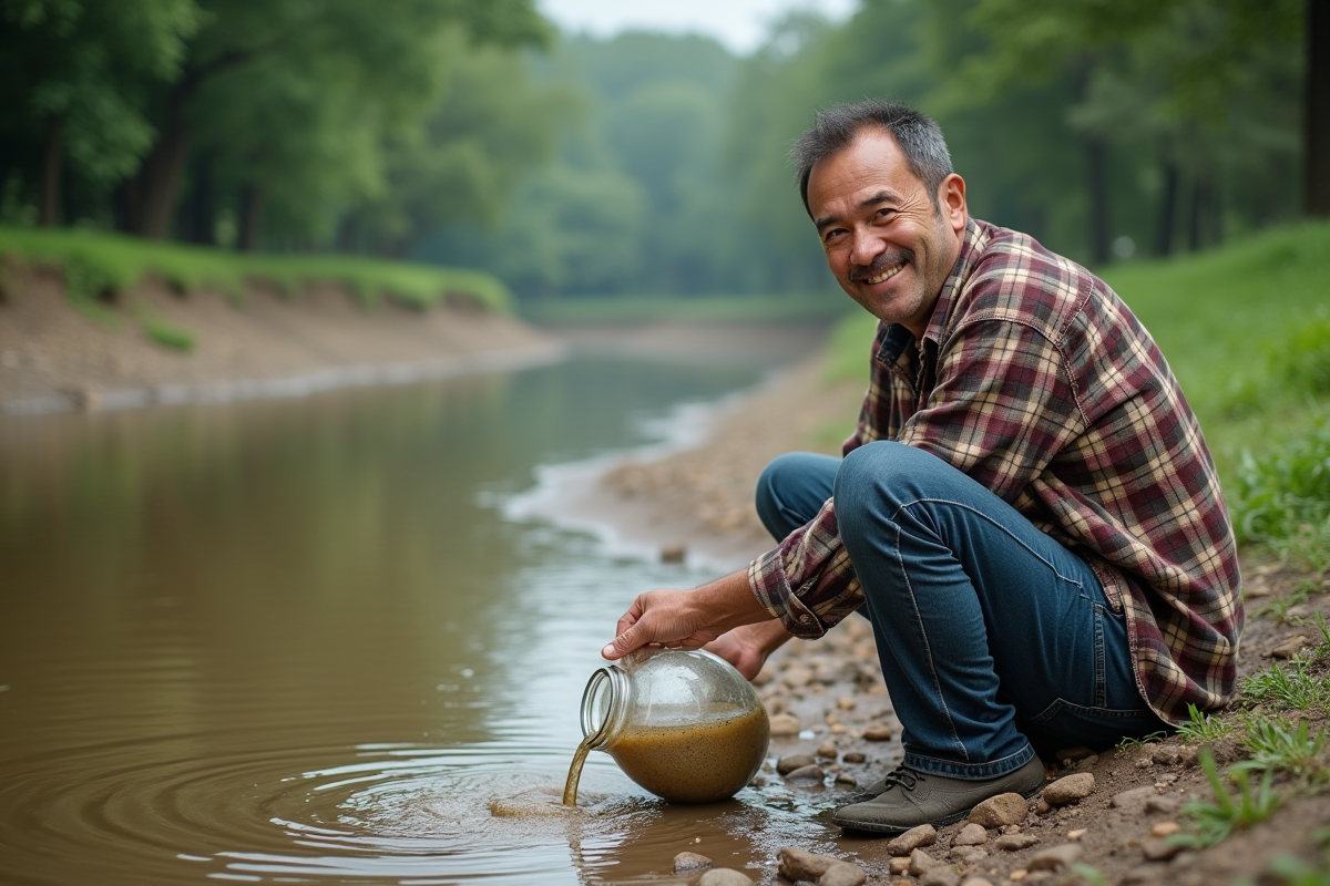 Homme utilisant un filtre à sable près d'une rivière verte