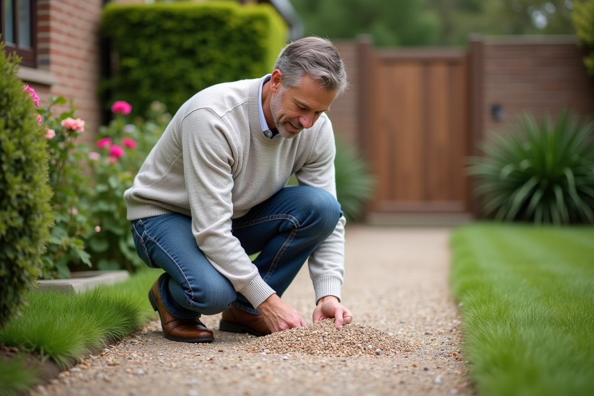 Homme en jeans et pull clair manipulant du gravier dans un jardin