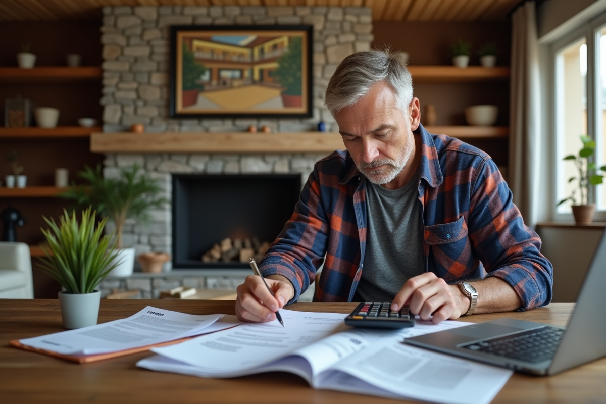 Homme d'âge moyen étudiant une facture dans un salon chaleureux