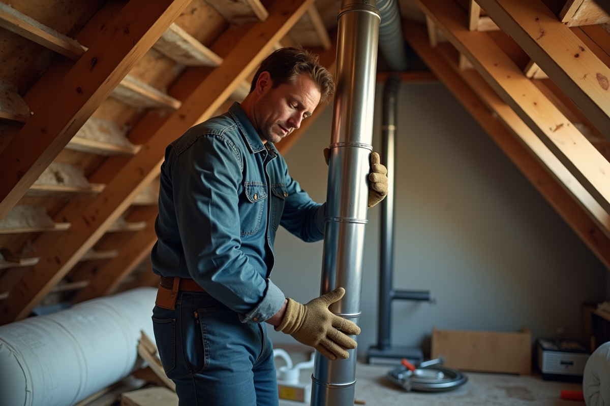 Homme en vêtements de travail installant un conduit de cheminée dans un grenier