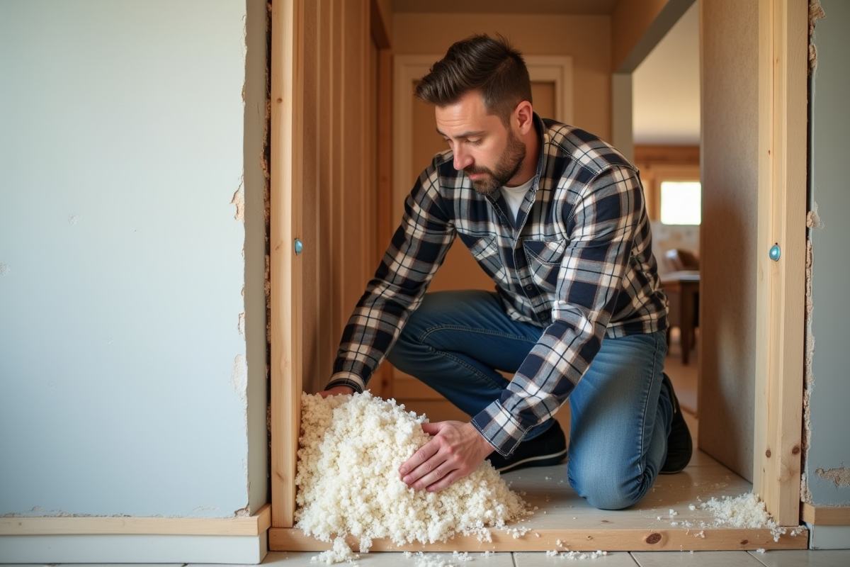 Homme posant de la cellulose dans un mur intérieur