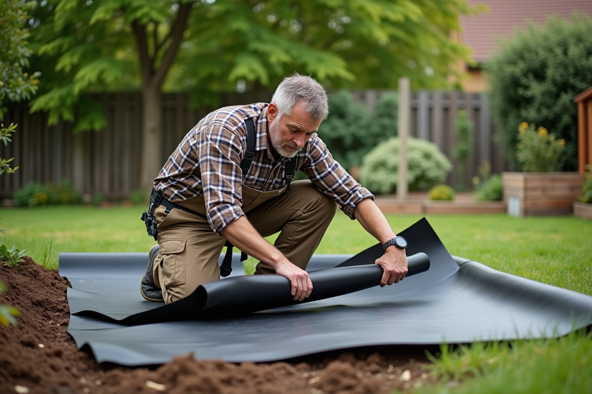 Homme en pantalon de travail pose membrane dans le jardin