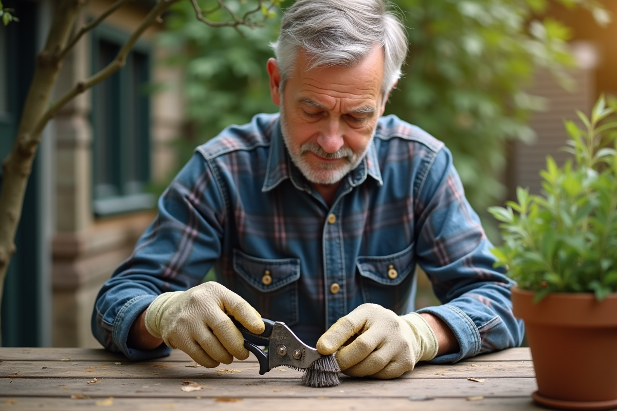 Homme d'âge moyen nettoyant un sécateur de jardin