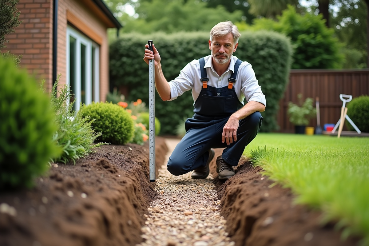 Homme en overalls mesurant une tranchée de gravier dans le jardin