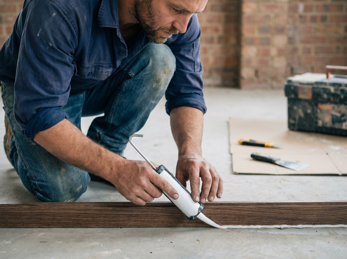 Homme appliquant un joint de moulage souple entre une plinthe en bois et le sol dans un couloir en rénovation