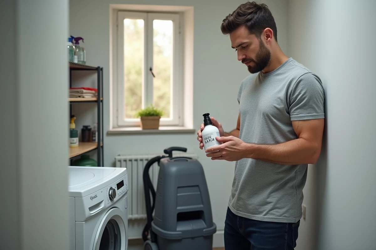 Homme lisant l'étiquette d'un produit pour shampouineuse dans une buanderie, avec une machine à laver en arrière-plan