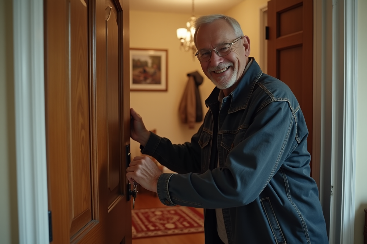 Homme &acirc;g&eacute; verrouillant sa porte d