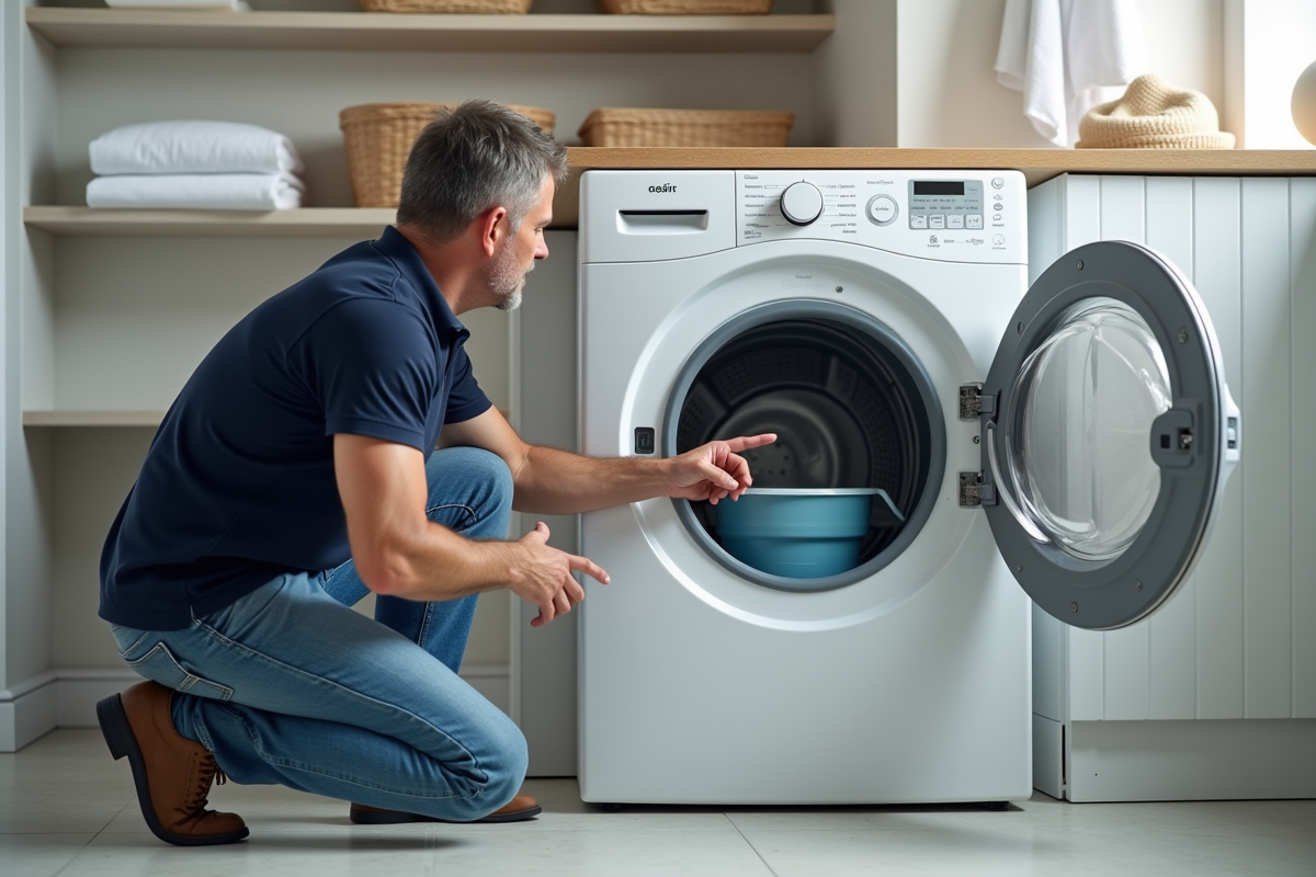 Homme en jeans et polo bleu près d'un sèche-linge thermopompe