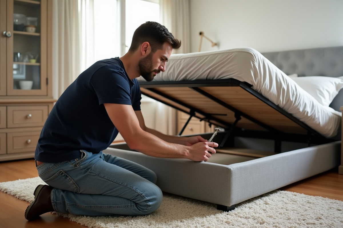 Homme en jeans et t-shirt noir manipulant un lit de rangement